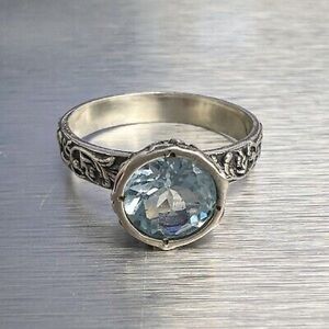 Vintage Sky Blue Topaz 925 Sterling Silver Floral Vine Leaf Ring (size 6)